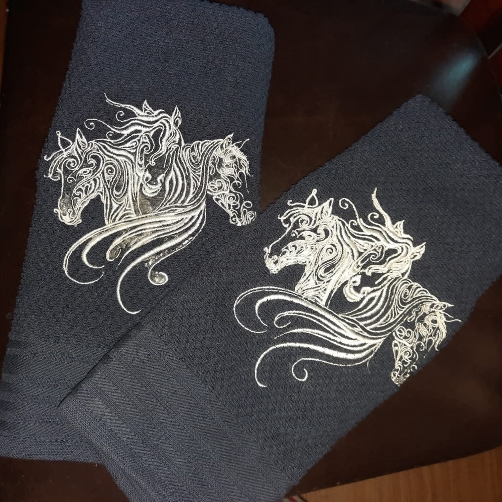 Hand Crafted Black and White Horse Embroidered Towels